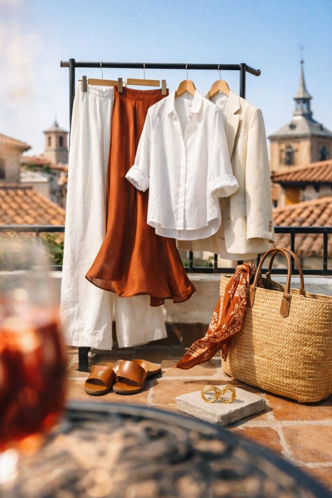Spanish summer capsule wardrobe styled on Madrid rooftop with linen trousers, silk skirt and straw tote