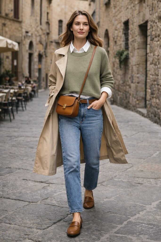 Woman wearing Italy travel outfit with trench coat, straight-leg jeans and loafers walking on cobblestone street