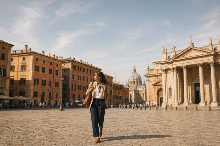 Woman walking through a sunlit Italian