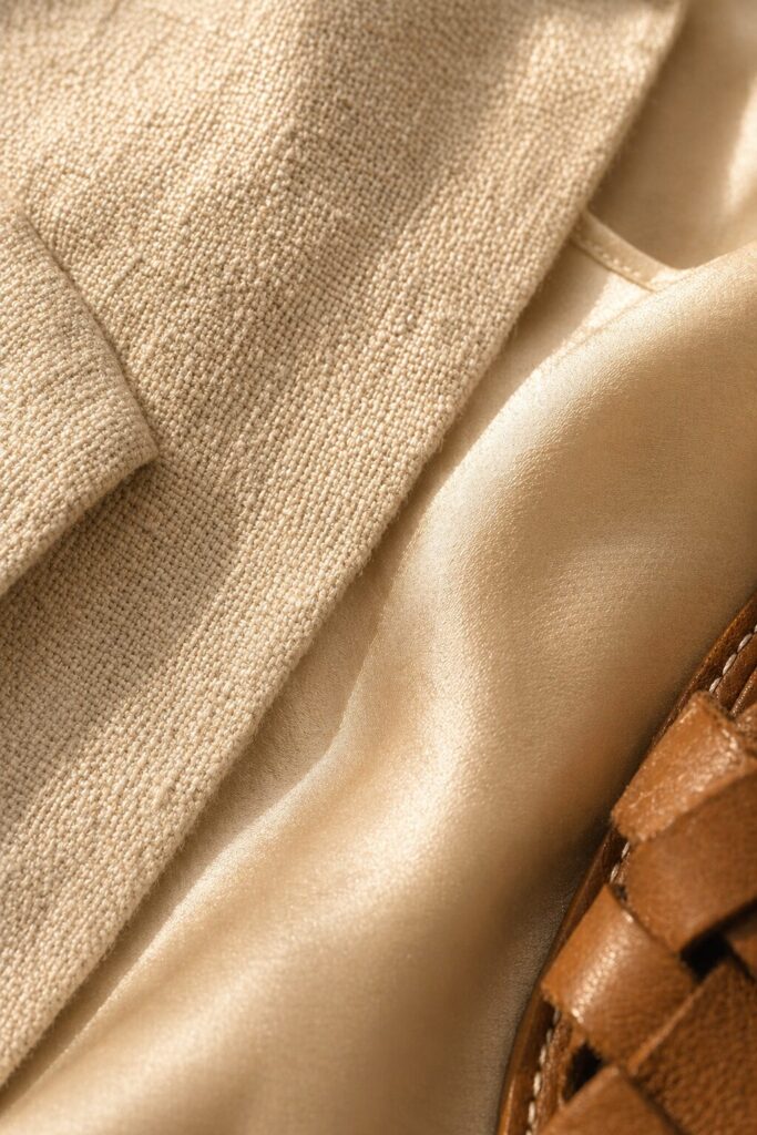 Close-up of linen blazer texture over silk slip dress with tan leather sandal detail in warm light