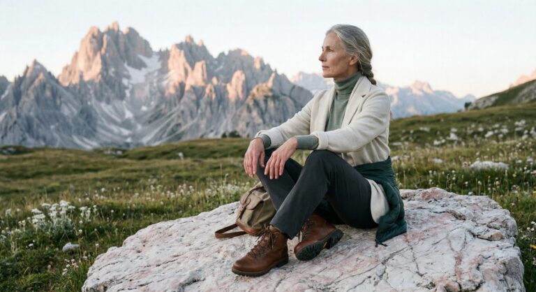 A woman sitting on a rock in the Dolomites above Cortina d’Ampezzo, wearing a neutral capsule wardrobe of a light grey knit sweater, technical trousers, and brown leather boots with a panoramic mountain backdrop.
