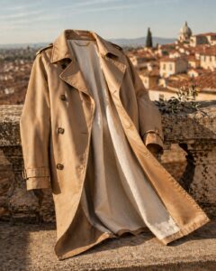 A classic beige trench coat draped over a rustic stone terrace wall with a view of the Mediterranean coastline in the background.