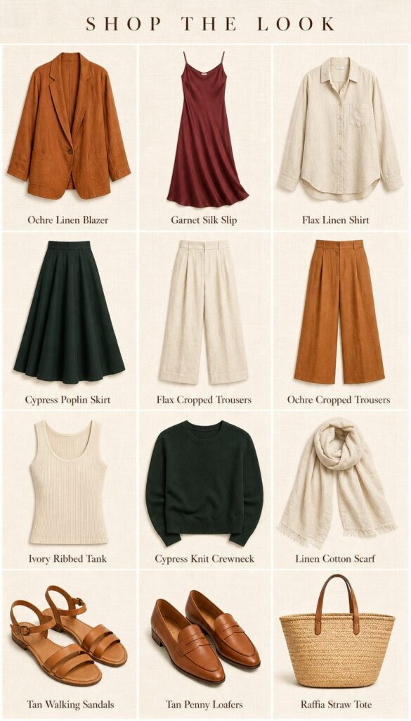 A 12-piece Tuscany capsule wardrobe layout featuring a linen blazer, silk slip dress, cropped trousers, knit sweater, raffia tote bag, and leather walking sandals in warm earth tones.
