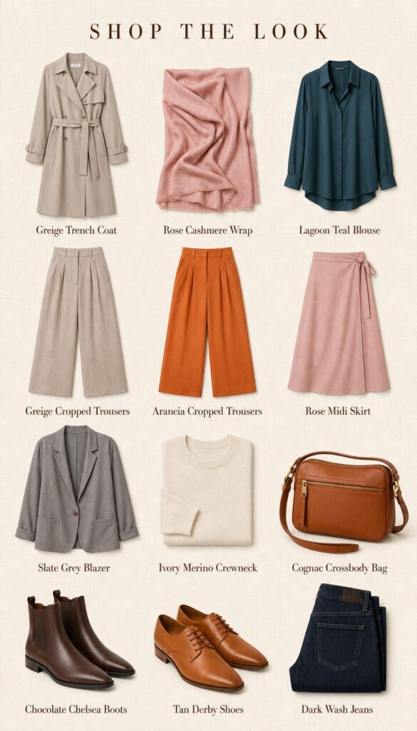 Veneto women's travel capsule wardrobe shop the look grid showing 12 pieces including greige trench coat, lagoon teal blouse, Spritz Arancia cropped trousers and rose midi skirt on warm cream background