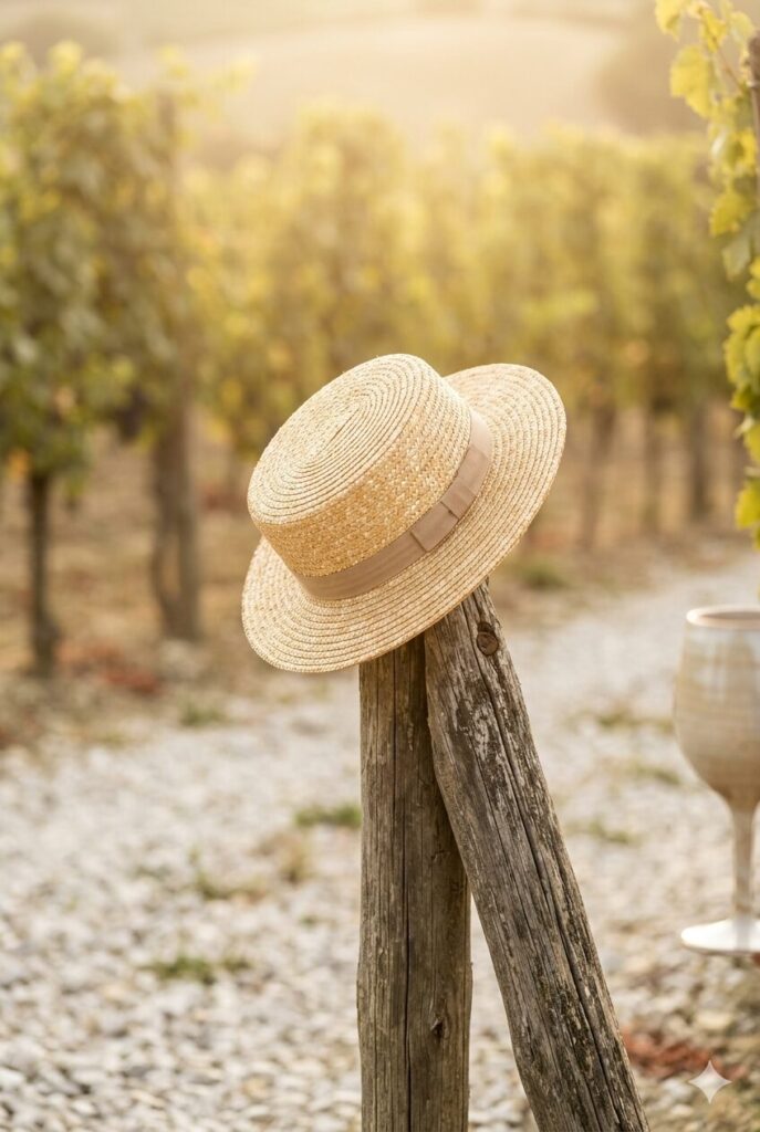 A classic straw boater hat resting on a weathered wooden vineyard post overlooking rolling rows of Sangiovese vines in Chianti.