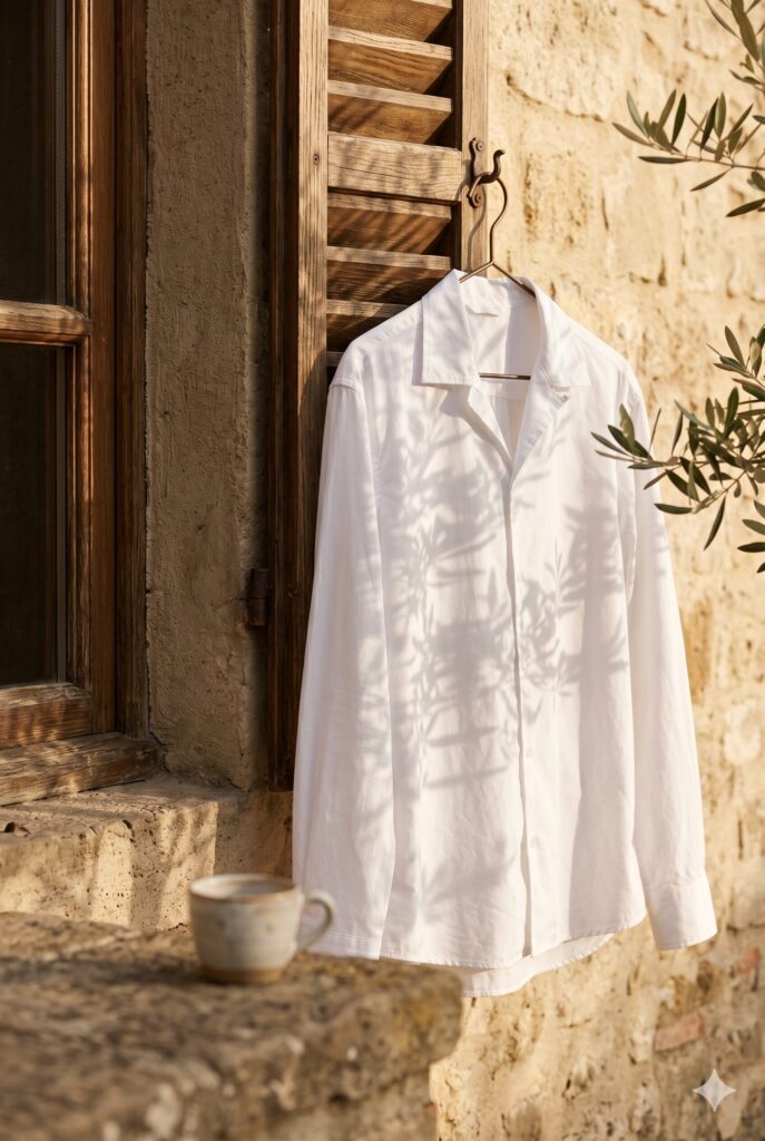 A crisp white cotton poplin shirt hanging on a rustic iron hook against a sun-drenched stone wall in a Tuscan agriturismo at dawn.