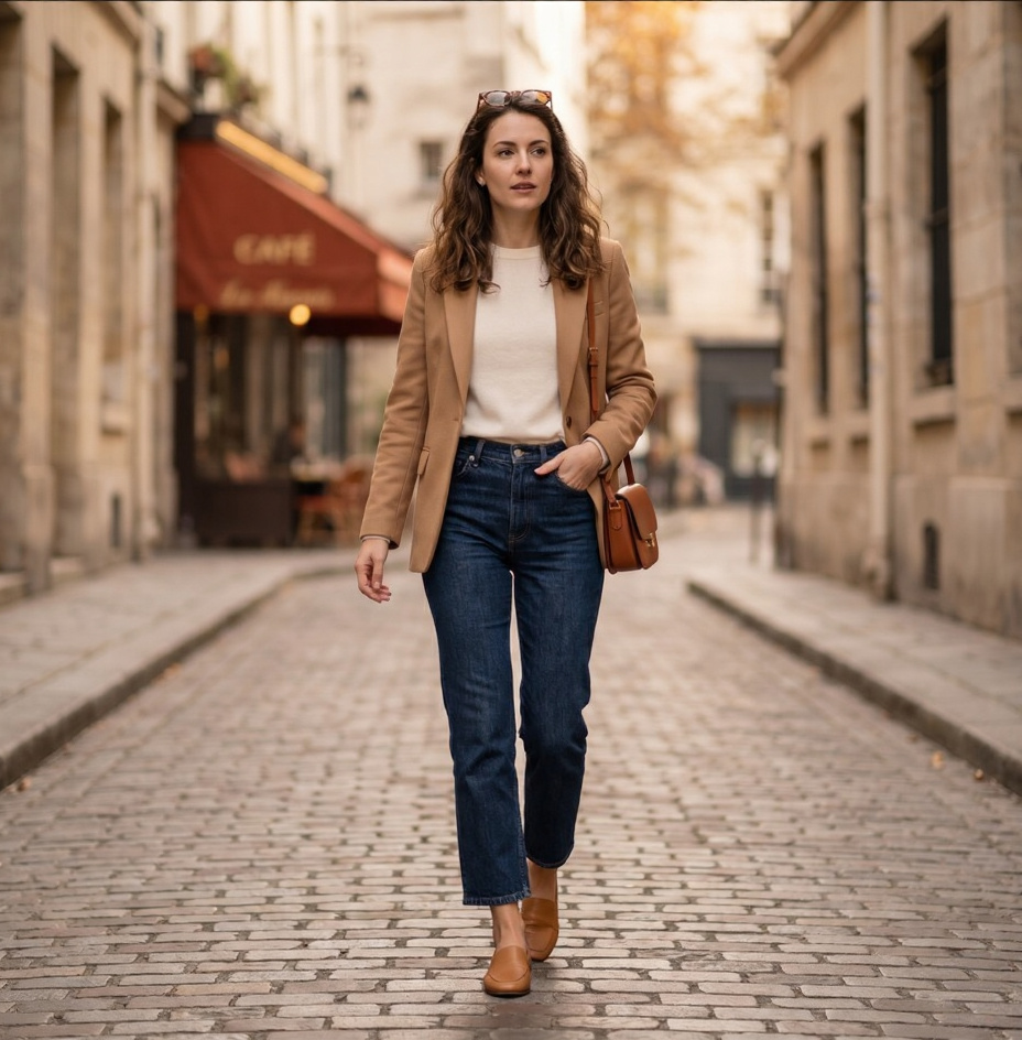 A woman walking on a cobblestone Paris street wearing a classic camel blazer, a white top, dark wash jeans, and brown leather boots with a café in the background.