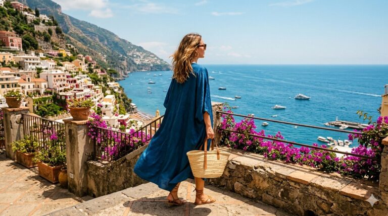 Woman in deep blue silk kaftan standing on a Positano terrace overlooking the Amalfi Coast: Campania travel capsule wardrobe guide