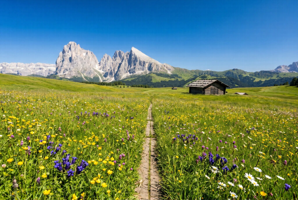 Alpe di Siusi high alpine plateau in summer with vivid green meadow covered in yellow buttercups purple gentians and white daisies a narrow wooden hiking trail and the dramatic Sassolungo dolomite peaks rising against a cobalt blue sky
