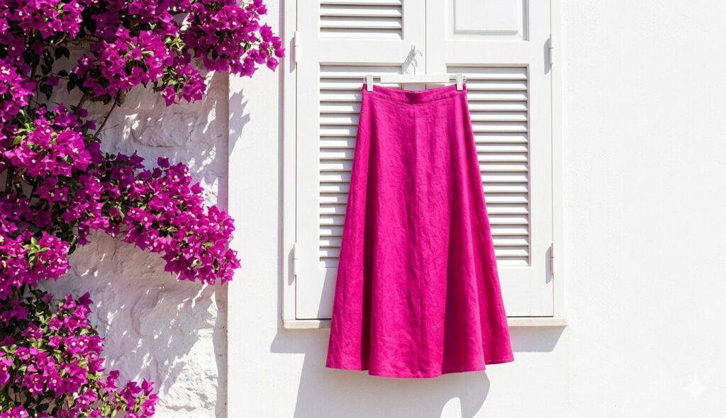 Bougainvillea magenta women's midi linen skirt hanging on white wooden shutter against white-washed Positano wall with cascading magenta bougainvillea flowers. Campania travel capsule wardrobe colour palette