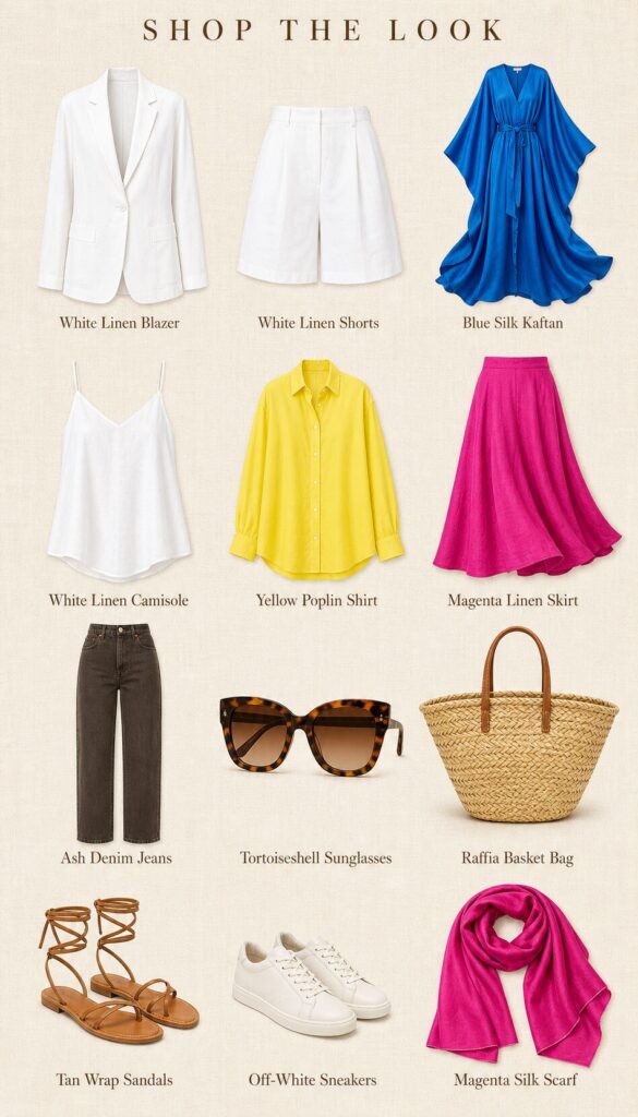 Campania and Amalfi Coast women's travel capsule wardrobe shop the look grid showing 12 pieces including white linen suit, Tyrrhenian blue silk kaftan, Sorrento yellow shirt and Bougainvillea magenta skirt on warm cream background