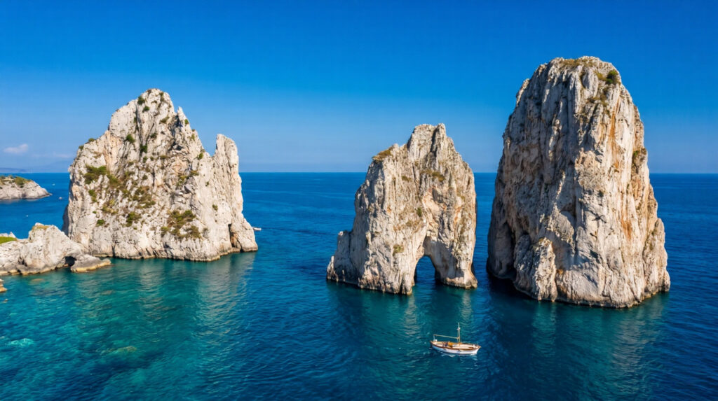 The three Faraglioni limestone rock stacks of Capri rising dramatically from the deep aquamarine Tyrrhenian Sea with the largest showing its natural arch and a small wooden boat at the base under a cobalt blue sky