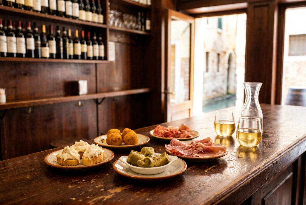 Close-up of a Venetian bacaro wooden counter with small plates of cicchetti including baccalà crostini artichoke hearts and cured meat beside two glasses of pale golden white wine