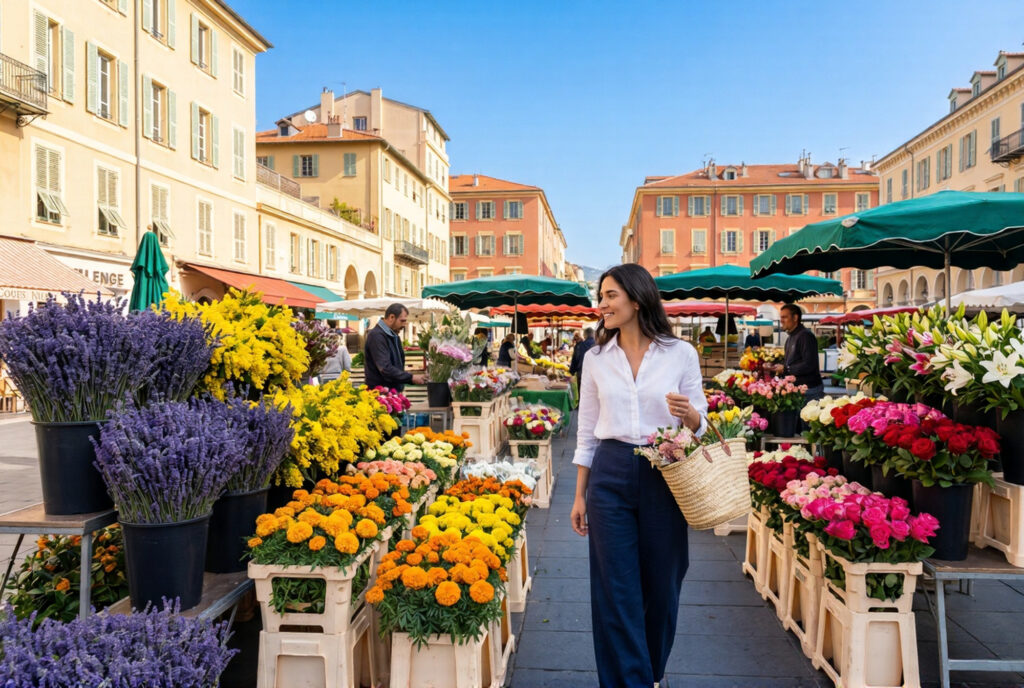 Woman in white linen shirt and navy trousers carrying a woven basket walking through the vivid Cours Saleya flower market in Nice with towering displays of purple lavender yellow mimosa orange marigolds and pink roses