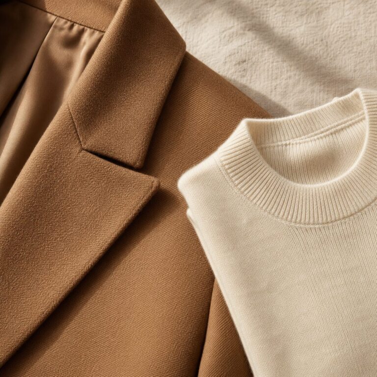 Clean, high-quality flat-lay scene of a classic Paris capsule wardrobe featuring a camel blazer, a cozy cream knit sweater, and minimalist aesthetic details.