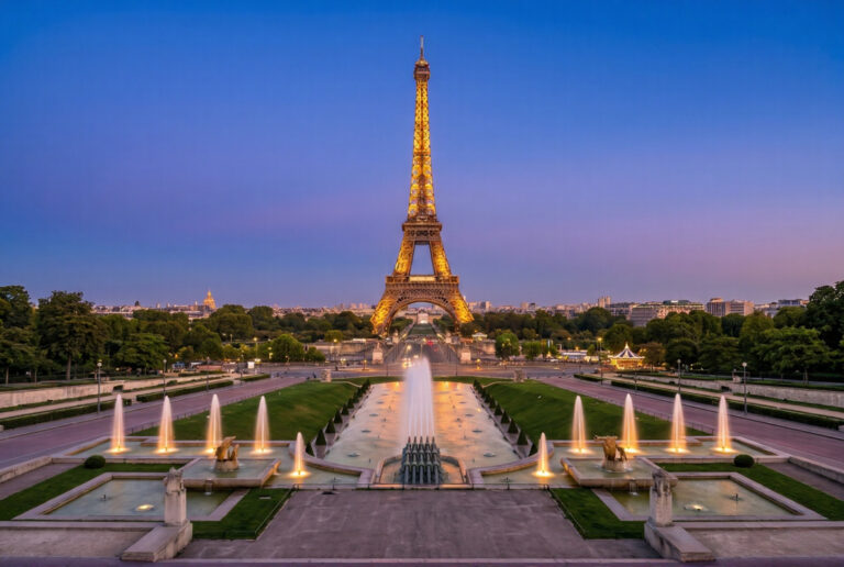 The Eiffel Tower seen from the Trocadéro gardens in Paris at dusk with the tower golden lights glowing the fountains in the foreground and the sky turning from deep cobalt to violet