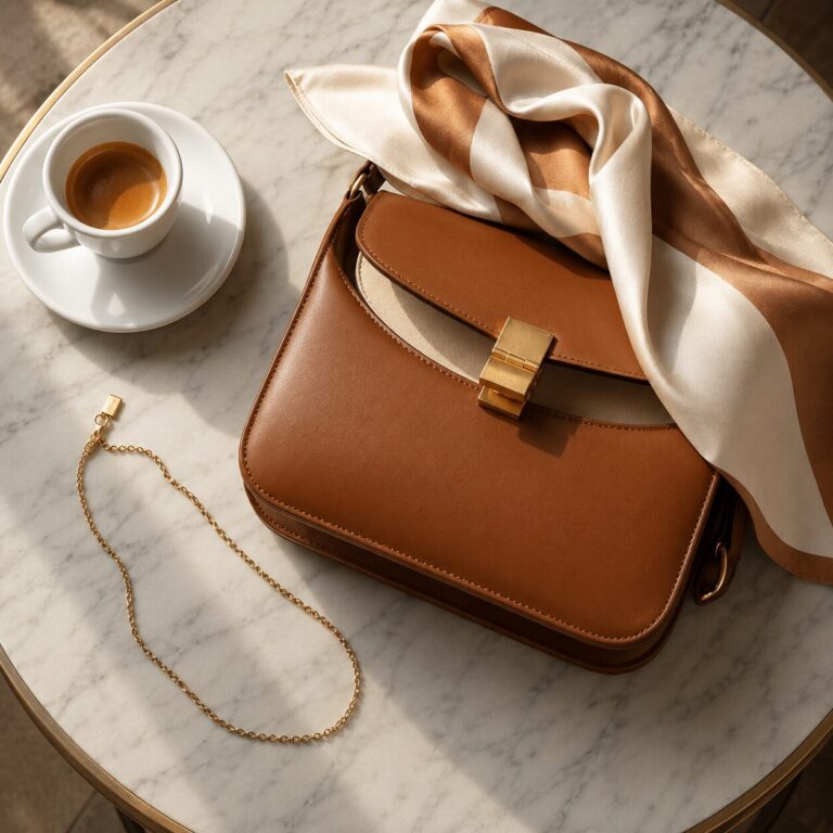 An elegant flat-lay arrangement featuring a brown leather structured handbag with a silk scarf draped over it, a gold chain necklace, and a fresh cup of espresso on a marble tabletop.
