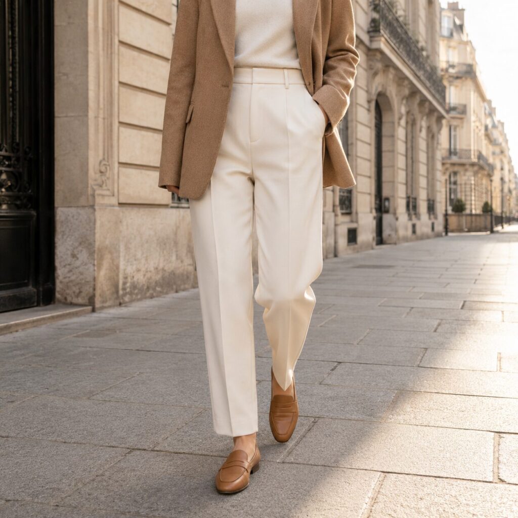 A stylish woman walking down a Parisian street wearing a camel blazer, white tailored trousers, and brown leather loafers.