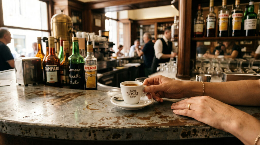 Close-up of a white espresso cup on a worn zinc café counter in Rome with woman's hands and soft morning light from a side window
