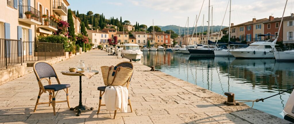 A scenic outdoor café with wooden tables and chairs overlooking a peaceful French Riviera marina filled with yachts and sailboats under a soft blue sky.