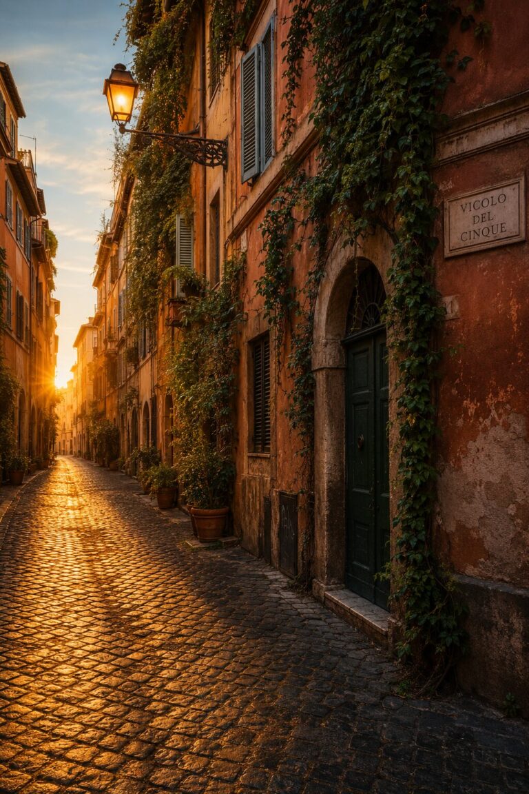 Narrow cobblestone street in Trastevere Rome at dawn with terracotta building facades and warm amber morning light