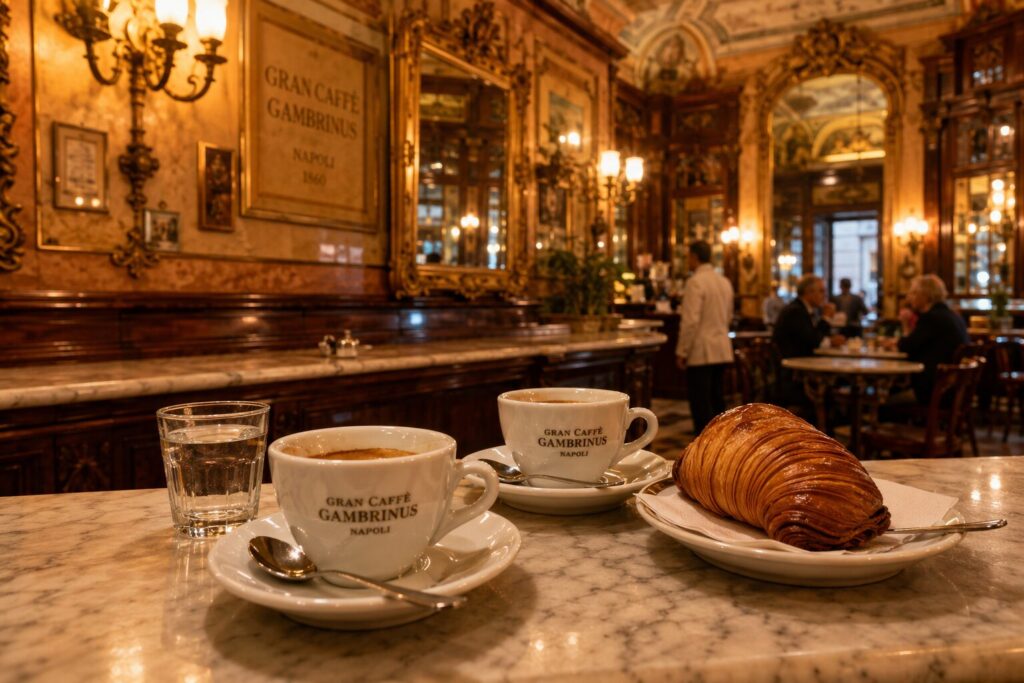 Small white espresso cup with golden brown crema on a worn marble bar counter in a classic Naples café with dark wood interior and warm amber light