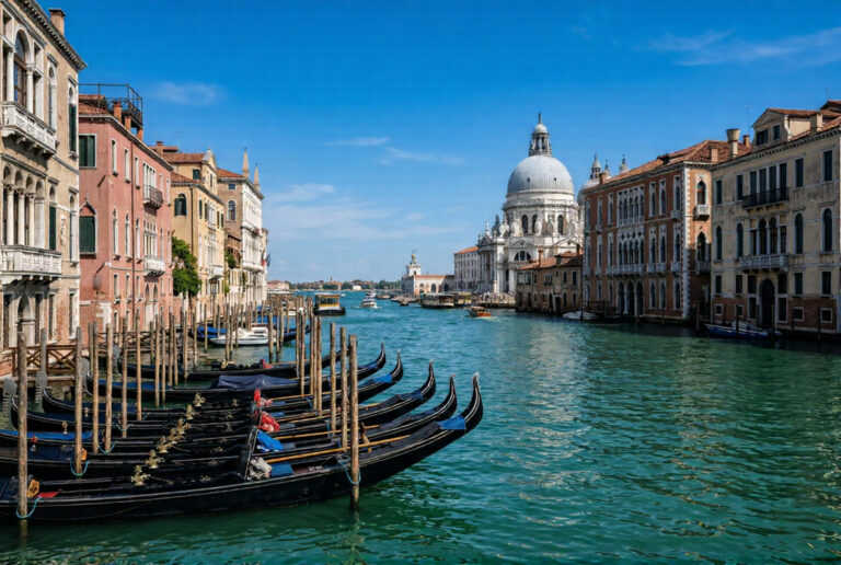 Wide view of Venice Grand Canal with gondolas in the foreground and the white Baroque dome of Santa Maria della Salute at the far end under a cobalt blue sky