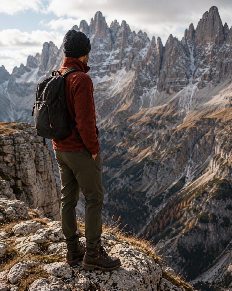 Man at Dolomites viewpoint in fleece and hiking boots alpine capsule wardrobe outfit