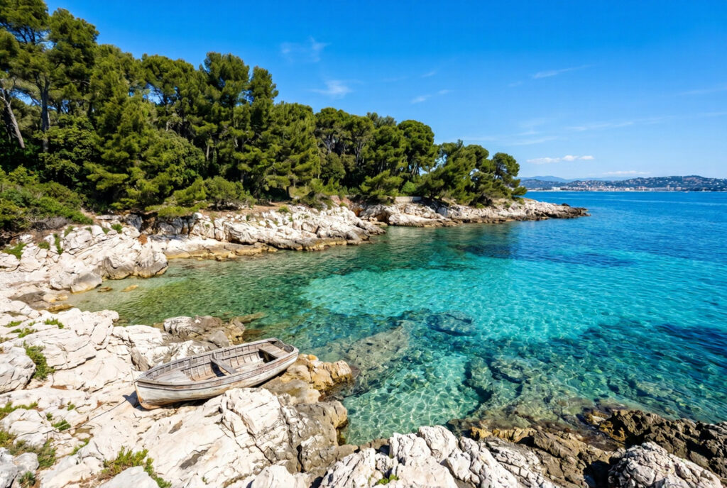 Crystal clear transparent aquamarine water over pale white limestone rocks in a natural cove on Île Sainte-Marguerite off Cannes with dense Mediterranean pine forest and a small wooden rowing boat on the shore