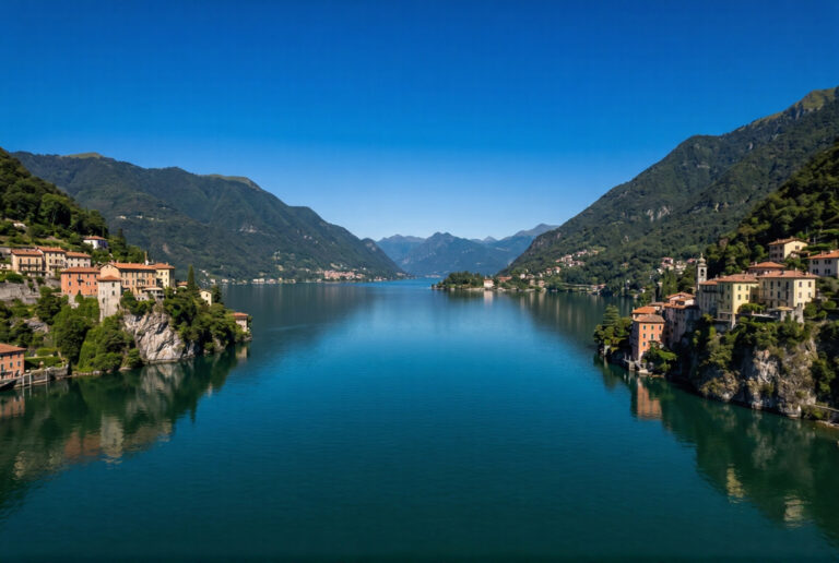Aerial view of Lake Como in Lombardy Italy with deep blue-green lake water reflecting steep dark green forested mountains on both shores and the Bellagio promontory visible at the junction of the three arms of the lake under a cobalt blue sky