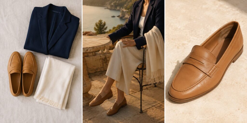 A three-panel collage showcasing French Riviera capsule wardrobe pieces
