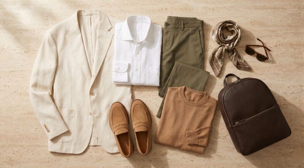 Men's Italy travel capsule wardrobe flat lay on travertine surface with linen blazer olive chinos and suede loafers