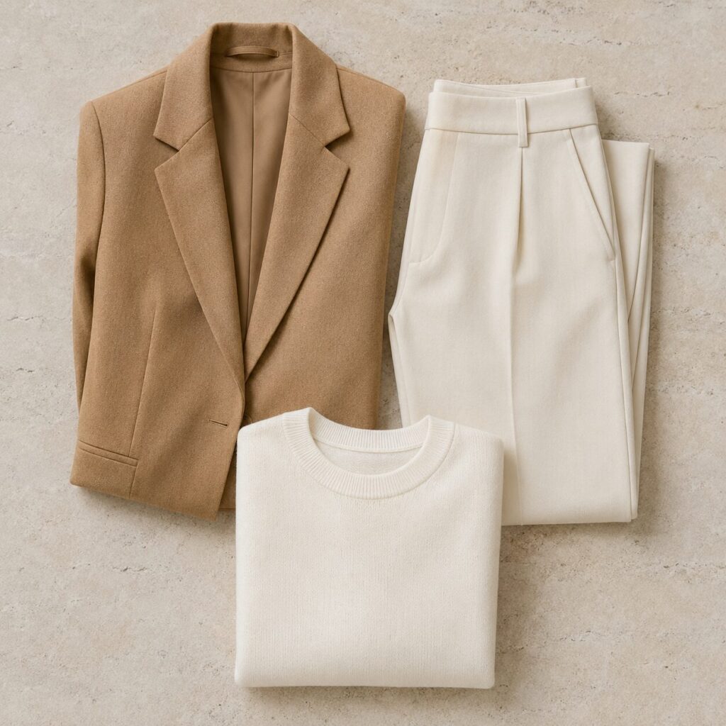 Clean, high-quality flat-lay scene of a classic Paris capsule wardrobe featuring a camel blazer, a cozy cream knit sweater, and minimalist aesthetic details.