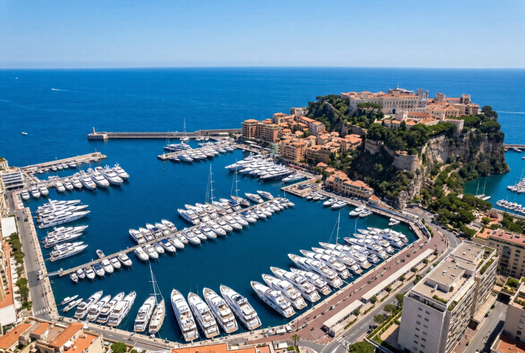 Aerial view of Monaco harbour filled with rows of gleaming white superyachts in the deep cobalt blue water with the terracotta-roofed old town and Prince's Palace on the Rocher above and the Mediterranean beyond