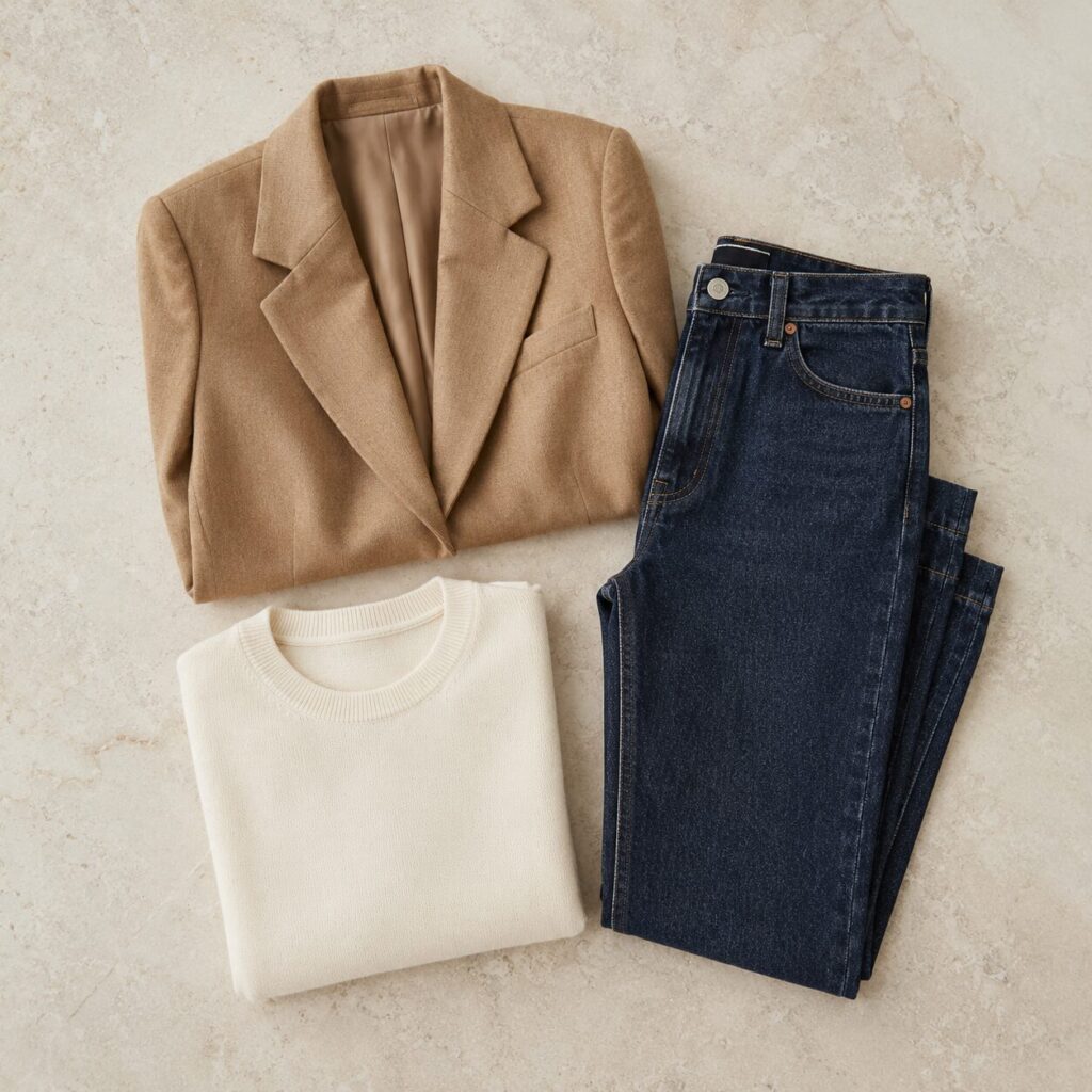 Classic Paris capsule wardrobe flat lay featuring a camel blazer, an ivory fine-knit crewneck sweater, and dark wash straight-leg jeans.