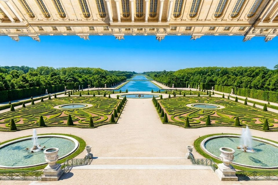 The formal gardens of the Palace of Versailles with the geometric green Grand Parterre parterres stretching to the Grand Canal in the distance and the pale golden stone palace facade above under a cobalt blue sky