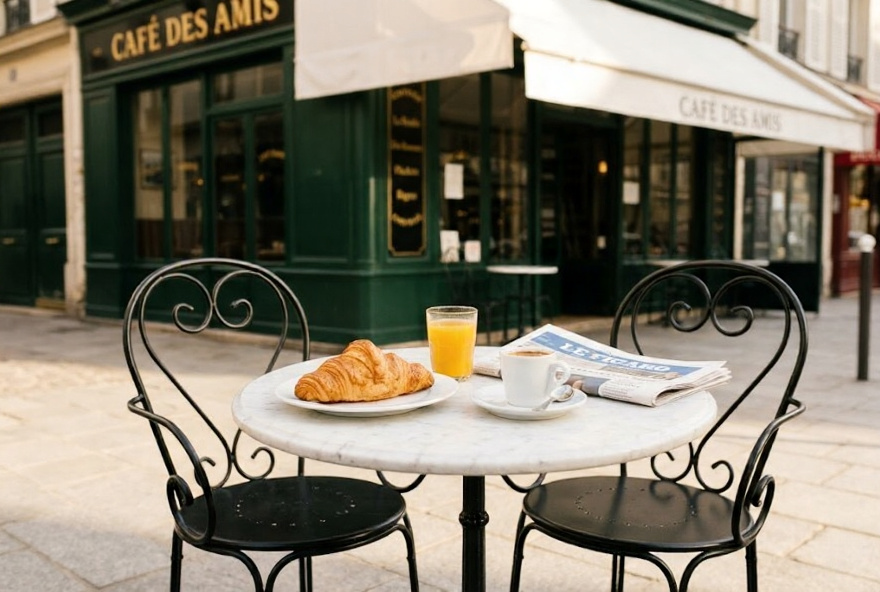 Classic Parisian café terrace with a round marble bistro table holding a golden croissant on a white plate a small espresso cup and a folded French newspaper with a deep forest green café facade behind