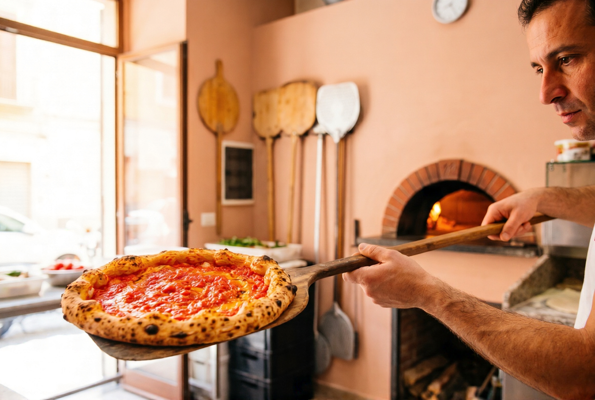 Naples pizzaiolo pulling a pizza with a thick charred cornicione crust from a roaring wood-fired oven with deep amber and orange fire glow in a classic Neapolitan pizzeria