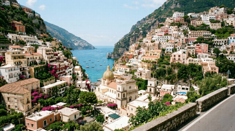 Aerial view of Positano on the Amalfi Coast with cascading pastel terracotta and whitewashed buildings the majolica church dome and deep aquamarine sea below under a cobalt blue sky