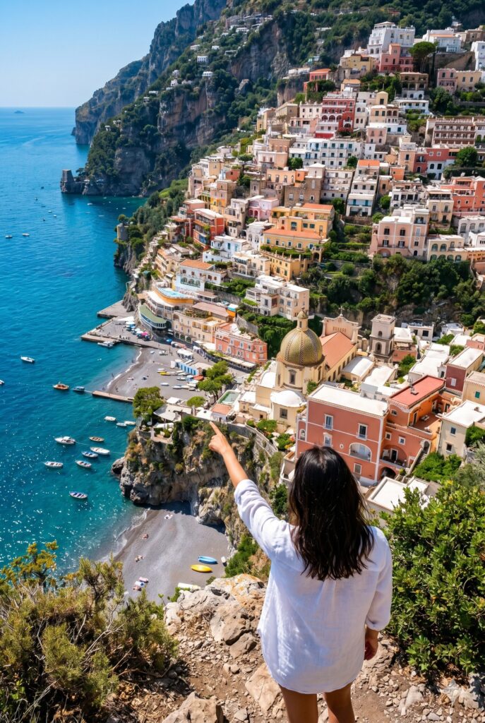 View from directly above looking down at Positano's cascading terracotta orange coral pink and white buildings on the cliff face with the aquamarine sea and small boats at the base and a woman standing at the cliff viewpoint pointing toward the town below