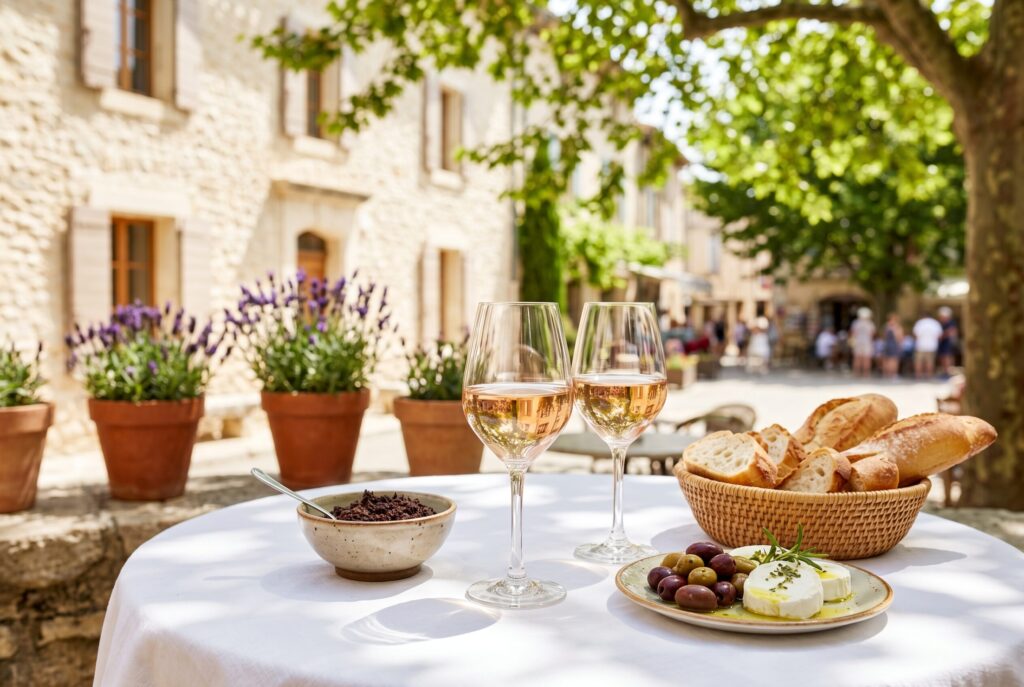Outdoor lunch table at a Provençal restaurant under plane tree canopy with two glasses of pale blush Provence rosé wine a ceramic bowl of tapenade a basket of fresh bread and a small plate of olives and goat's cheese in dappled afternoon light