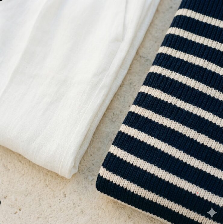 Close-up detail shot of the texture of white woven linen trousers resting next to a navy blue and white striped knit sweater.