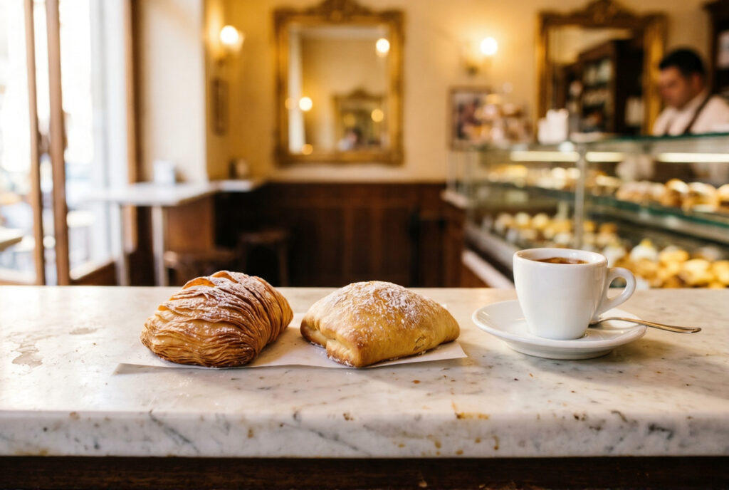 Two sfogliatella pastries one riccia one frolla fresh from the oven on a white marble Neapolitan café counter with a small espresso cup and icing sugar dusting in warm morning light