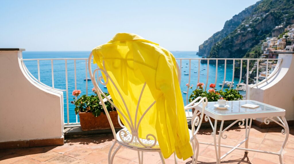 Sorrento yellow women's cotton poplin shirt draped over white wrought iron chair on Positano terrace with Tyrrhenian Sea and Amalfi Coast cliffs in the background: Campania travel capsule wardrobe colour palette