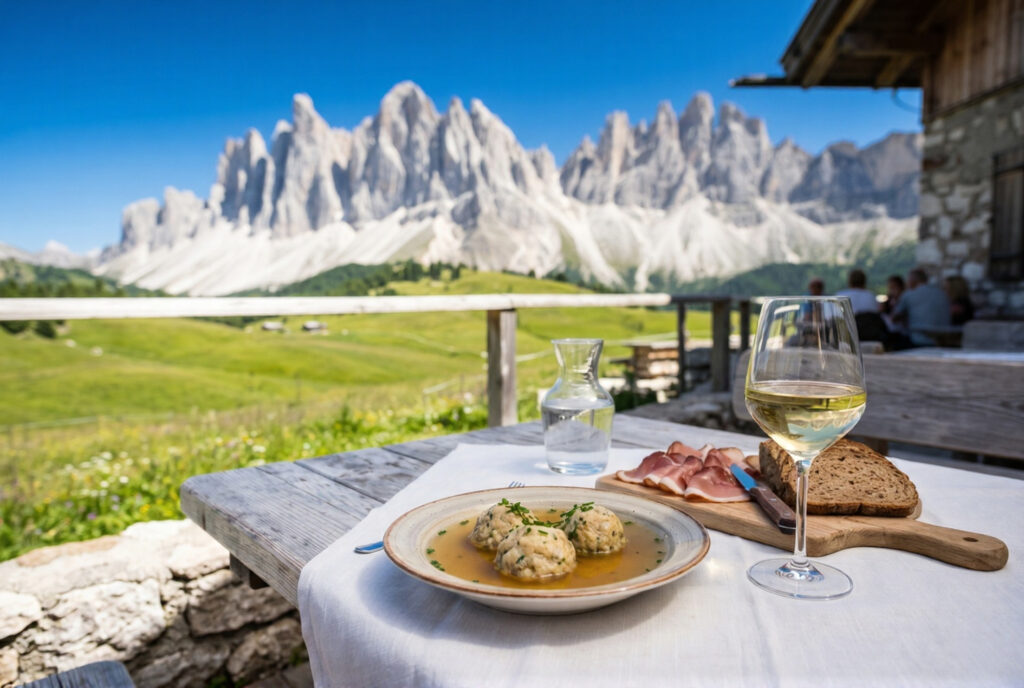 Outdoor lunch table on a Dolomites mountain rifugio terrace with canederli dumplings in golden broth a board of speck and dark rye bread and a glass of pale Gewürztraminer wine with dolomite peaks visible behind