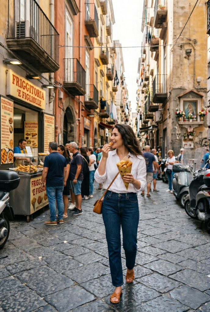 Stylish woman in white linen shirt walking along the Via dei Tribunali in Naples eating from a paper cone of street food with worn ochre and terracotta building facades and a friggitoria stall visible behind her
