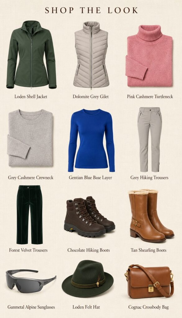 Trentino-Alto Adige women's travel capsule wardrobe shop the look grid showing 12 pieces including loden green shell jacket, Enrosadira pink cashmere turtleneck, forest velvet evening trousers and tan shearling boots on warm cream background