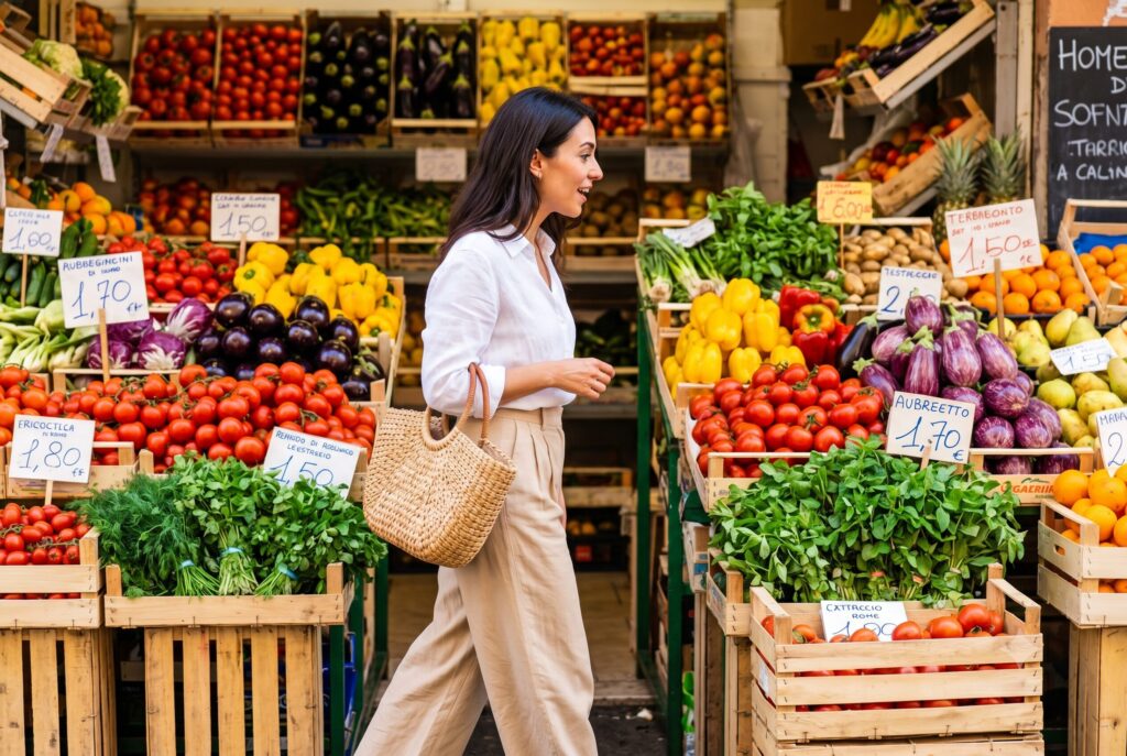 Stylish woman in white linen shirt beige trousers and woven basket bag walking in profile past a vivid Italian market stall overflowing with tomatoes aubergines peppers and fresh herbs in bright morning light