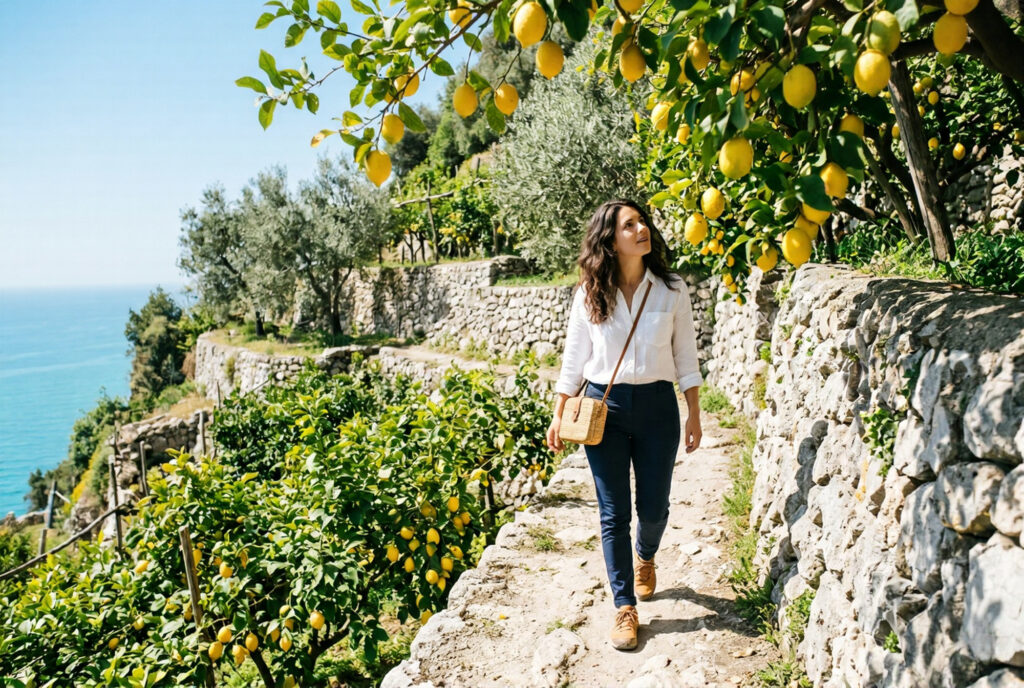 Stylish woman in white linen shirt walking through the terraced lemon and olive grove section of the Path of the Gods trail with bright yellow lemons on overhanging branches ancient pale grey stone terracing walls and vivid green foliage in morning light