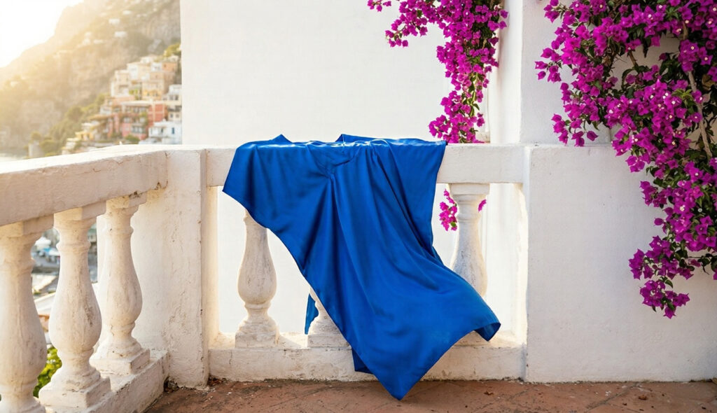 Tyrrhenian blue silk kaftan draped over white Positano balustrade with vivid magenta bougainvillea and Amalfi Coast cliffs at golden hour. Campania travel capsule wardrobe colour palette